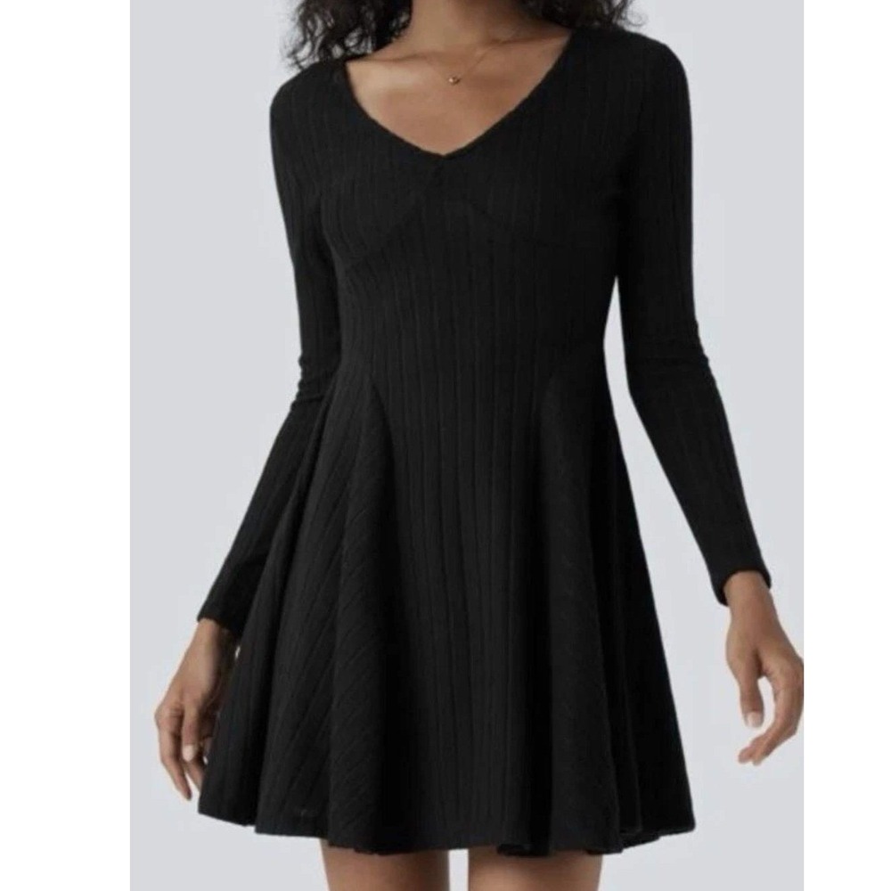 Halara Mini Skater Dress XS Black Ribbed Knit Long Sleeve Dark Whimsigoth Cute